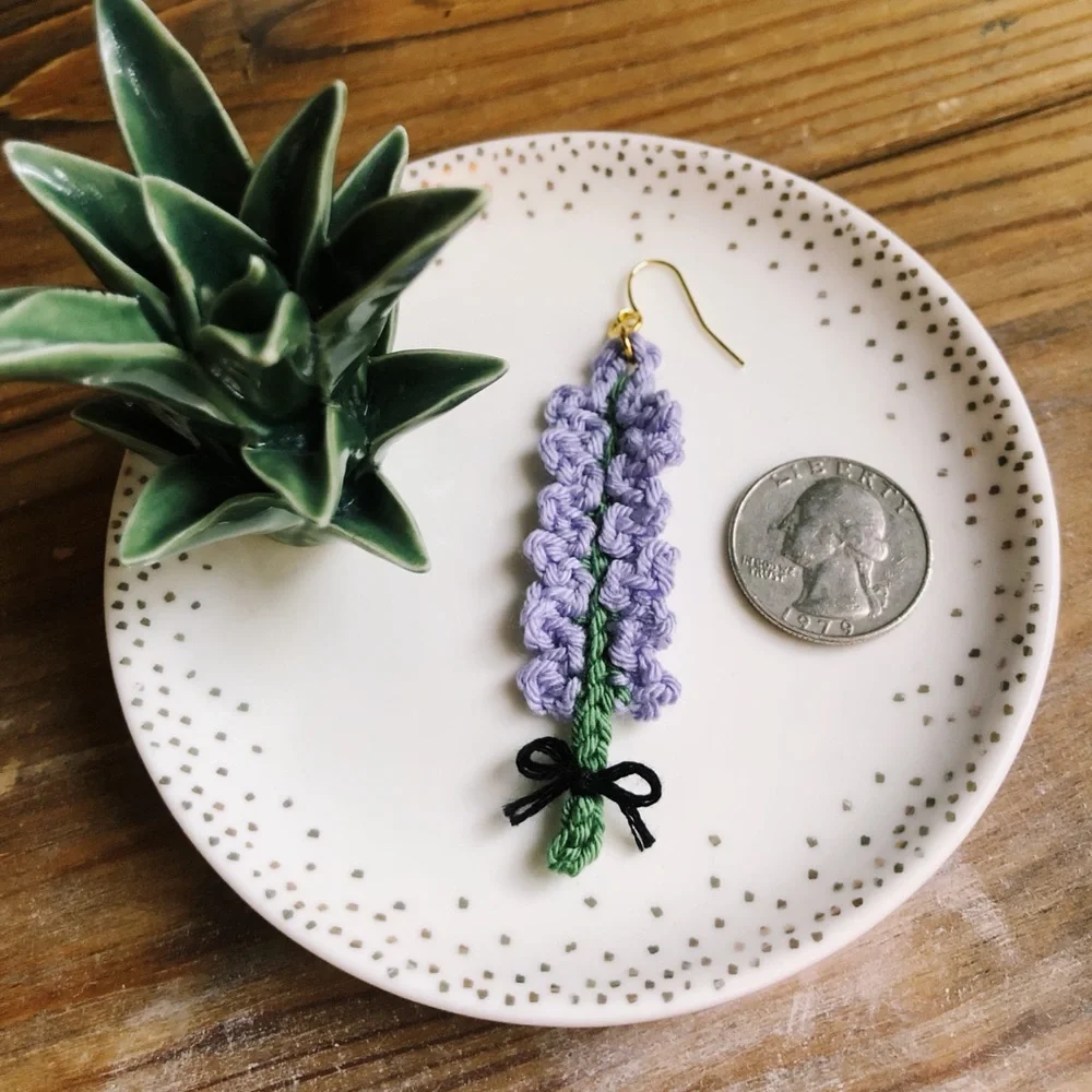 Lavender Flower Floral Earrings Crocheted with a Bow! - Picture 7 of 8